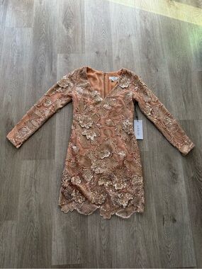 helis toni gold 3d floral sequin & bead embellished long sleeve mini dress XS